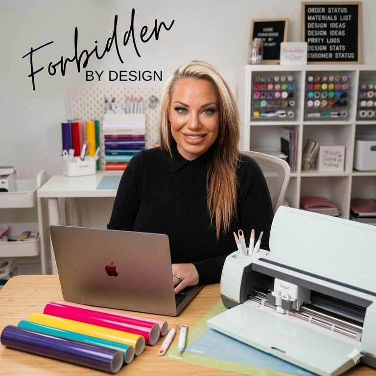 Woman in black shirt at desk with laptop, colorful markers, and printer in creative studio workspace with Forbidden by Design logo