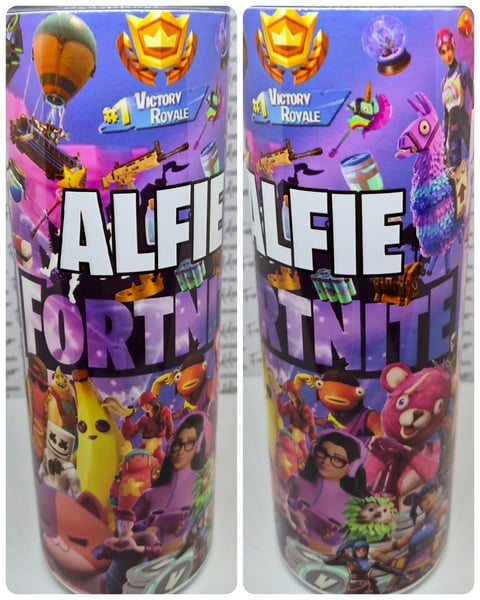 Two Alfie Fortnite collectible cans displaying Victory Royale imagery with game characters and weapons on purple backgrounds
