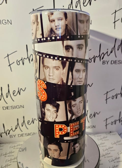 Spice Girls collectible tumbler featuring band member photos in film strip design with orange SPICE text