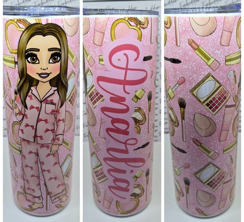 Three views of a pink cosmetic-themed tumbler featuring an animated girl character and beauty product illustrations