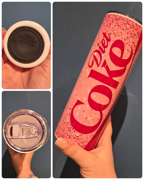 Three product photos showing a pink and red speckled Coke bottle held in hand, with close-up views of its circular cap and clear base design